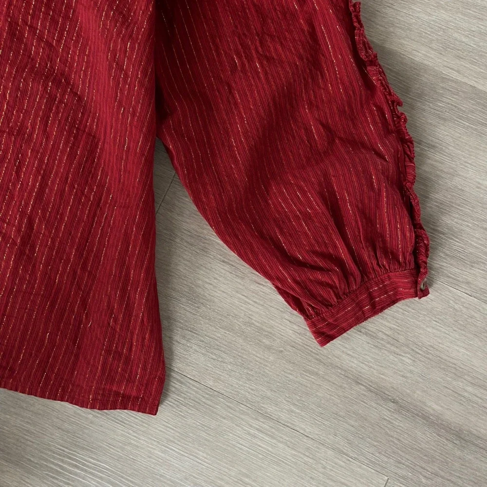 Ulla Johnson Julie Blouse Size 6 Red Gold Tie Neck Puff Sleeve‎ Metallic Stripe